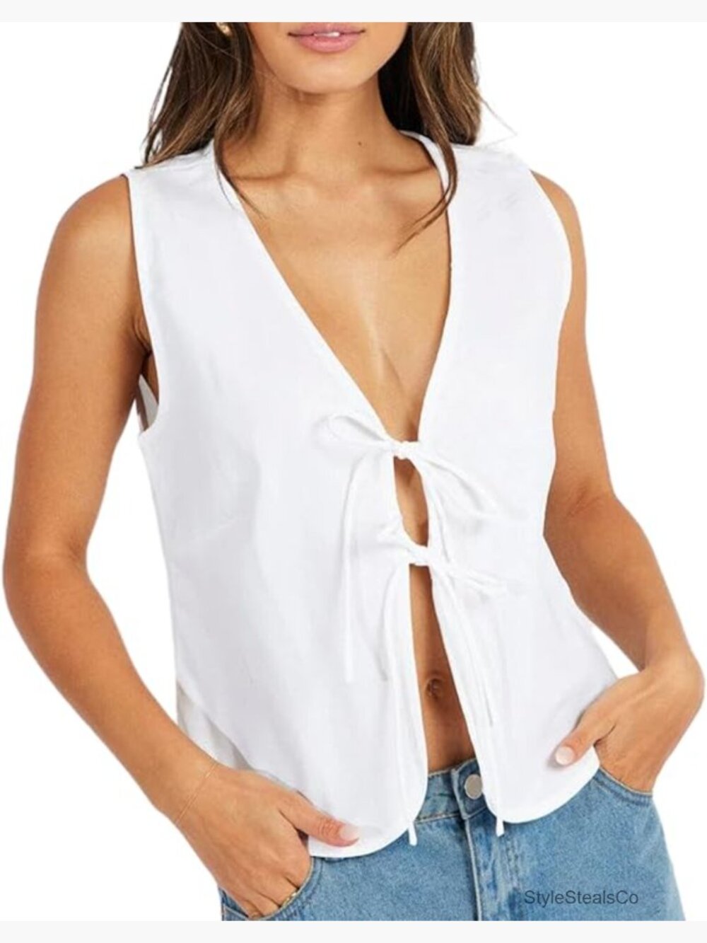 Sleeveless Deep V Neck Bow Tie Front Tank Top Y2K Summer Streetwear